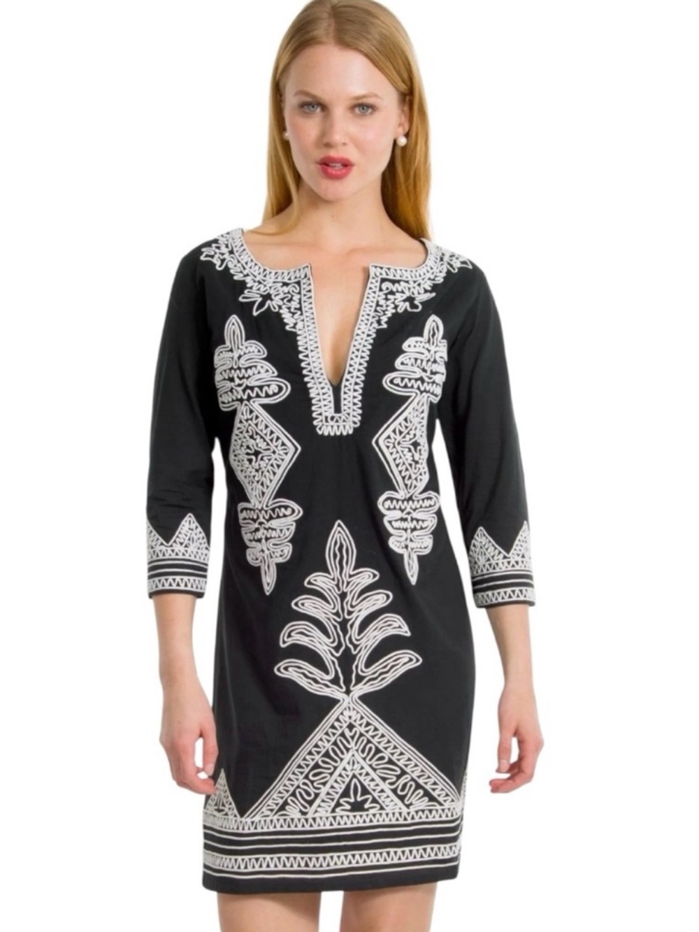 Gretchen Scott Black and White Embroidered 3/4 Sleeve Passamentrie Dress Small
